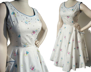 50s Rockabilly Dress Cotton Figural Novelty Print & Rhinestones Full Circle Skirt