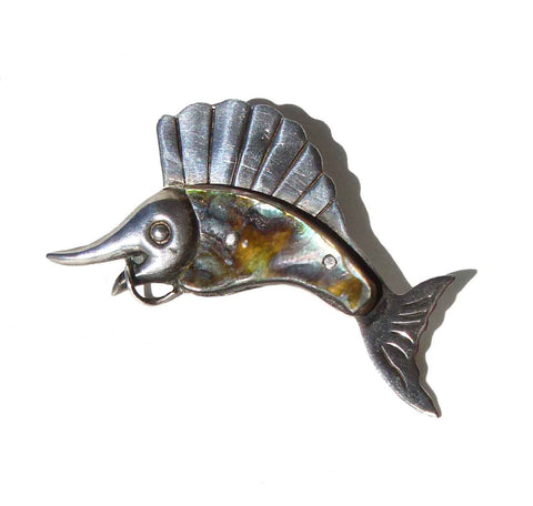 Vintage Ana Sosa Fish Brooch Sterling Silver Abalone Sailfish Marlin