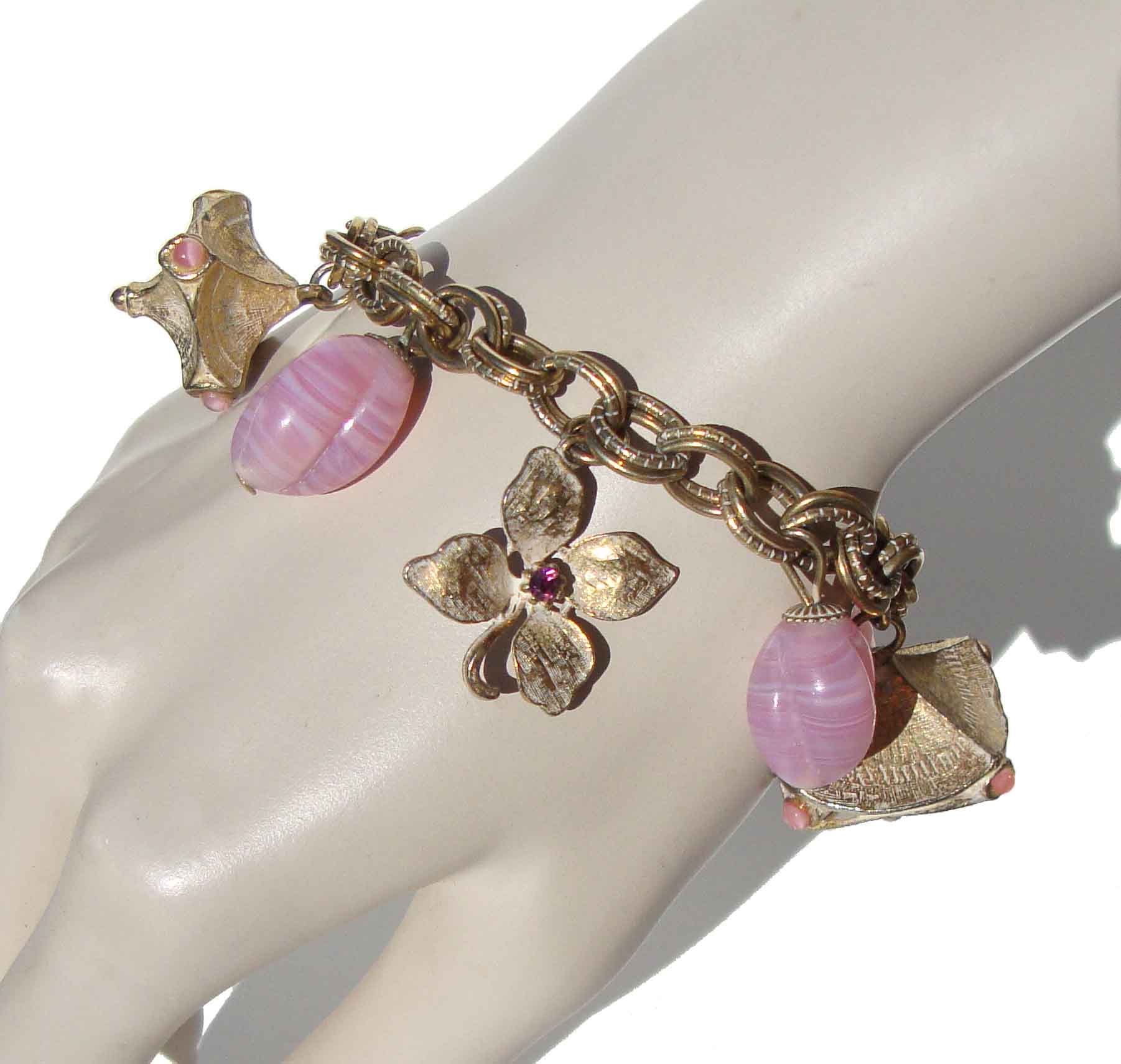 Vintage 60s Charm Bracelet Pink Lampwork Beads