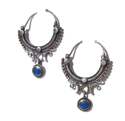 Vintage Afghani Silver Filigree Earrings Kuchi Hoops & Lapis Drops