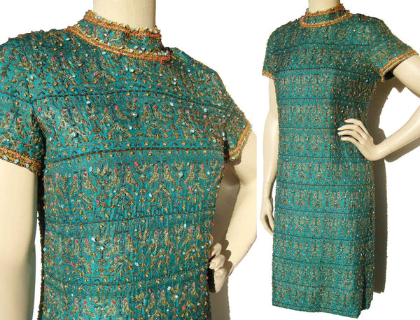 Vintage 60s Turquoise Beaded Silk Dress Swee Lo M