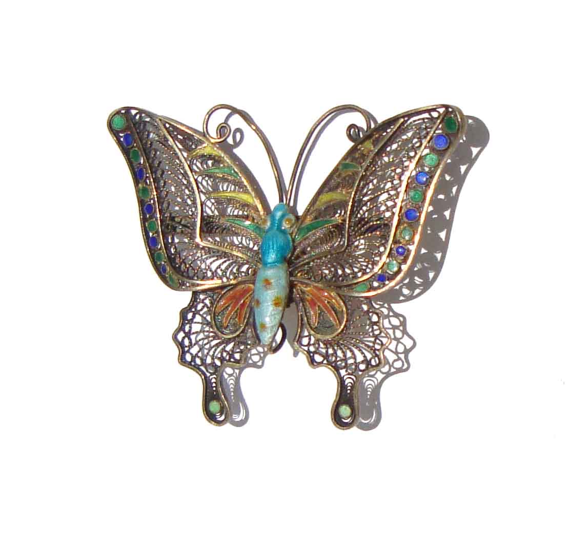 Vintage Chinese Export Silver Filigree & Enamel Butterfly Brooch