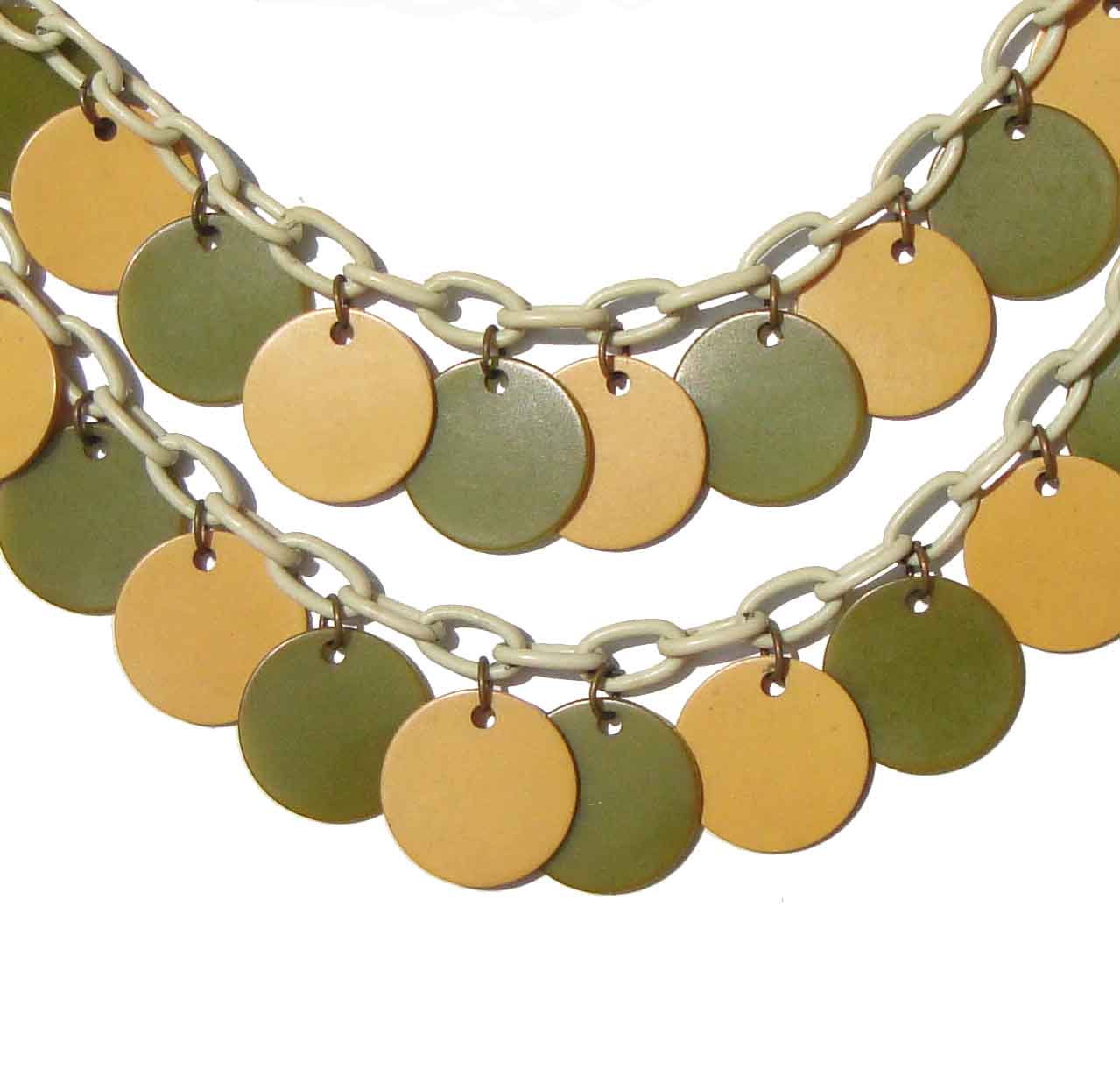 Vintage 40s Bakelite Bib Necklace Green & Yellow Paillette Fringe Choker 