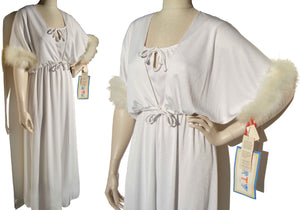 70s White Marabou Dress Gown & Bolero Jacket NOS - M