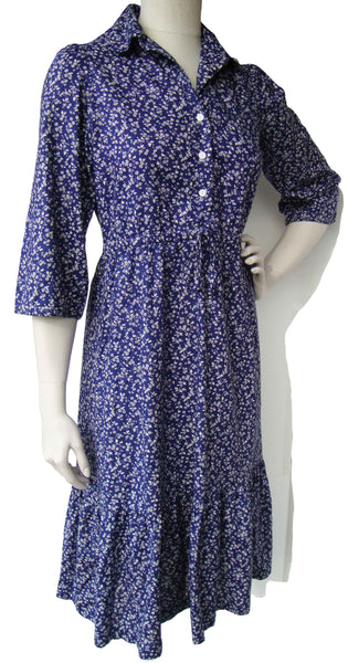 Vintage 70s Prairie Dress Blue & White Floral Peasant Calico Print M ...