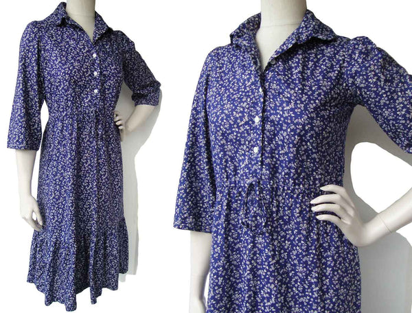 Vintage 70s Prairie Dress Blue & White Floral Peasant Calico Print M