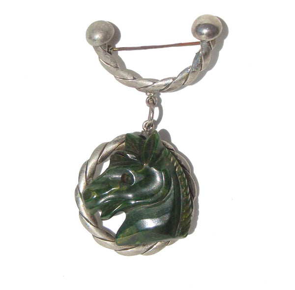Vintage 30s Green Bakelite Horse Pendant Brooch Pin