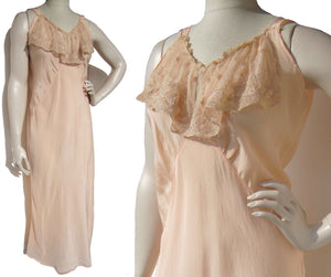 Vintage 30s Nightgown Peach Rayon & Lace Lingerie M