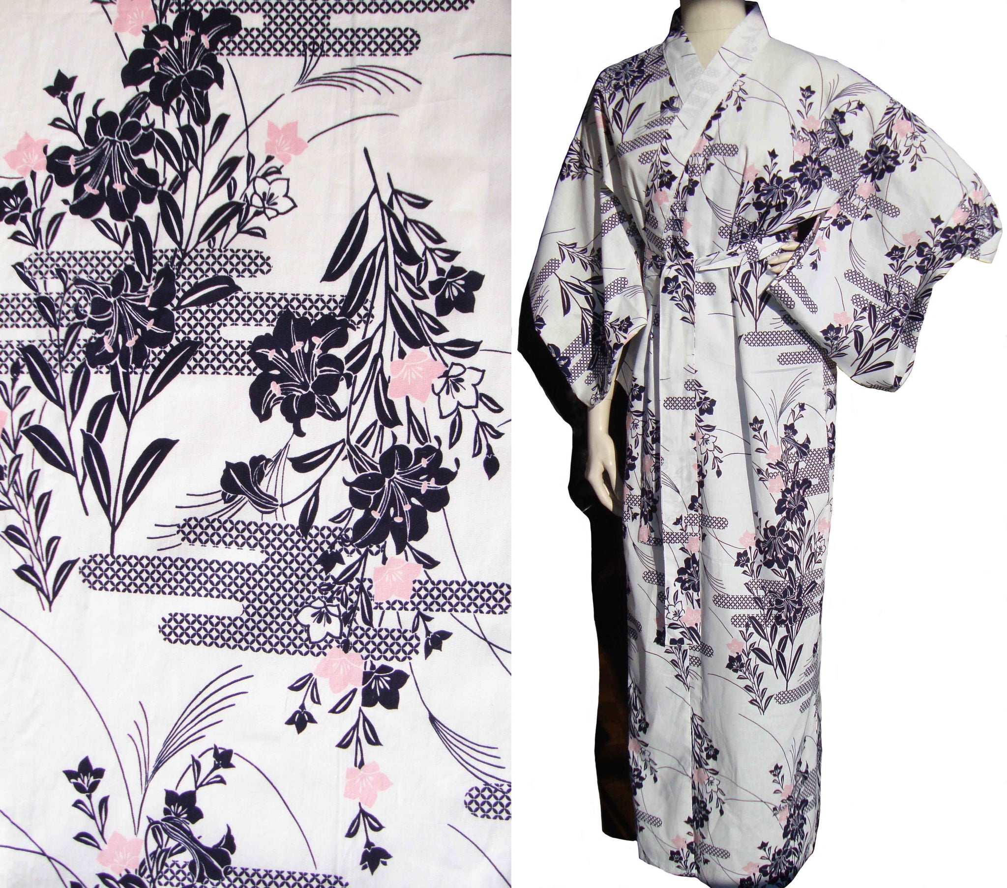 Vintage Yukata Kimono Floral Cotton Robe M