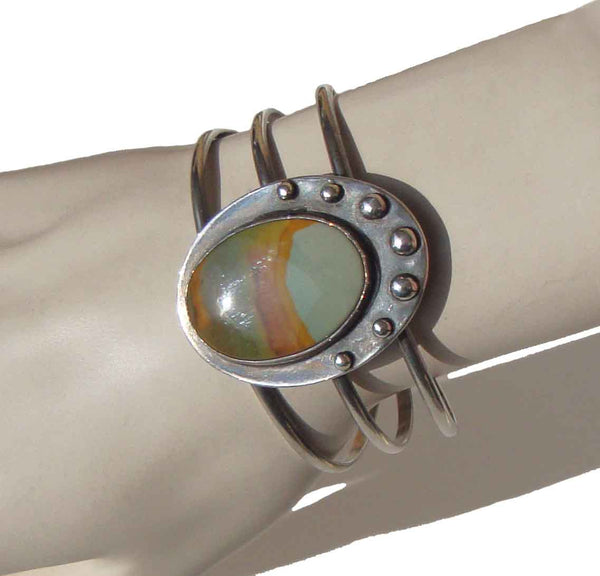 Vintage Southwestern Bracelet Sterling Silver & Picture Jasper Cuff 