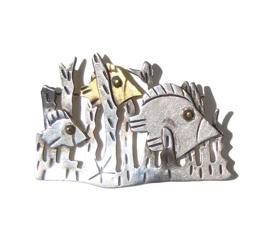 Vintage Taxco Fish Brooch Sterling Silver & Brass Mixed Metals Pin