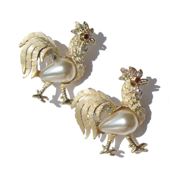 Vintage Rooster Pins Rhinestone & Pearl Brooches – Set of 2
