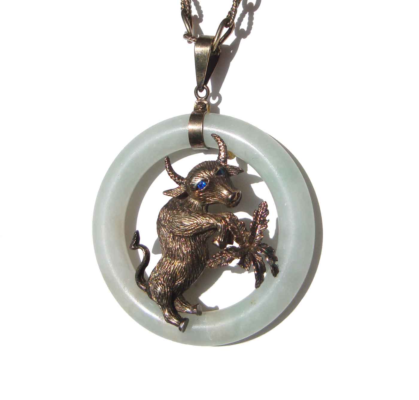 Vintage Chinese Zodiac Jade & Silver Ox Bull Donut Ring Pendant Necklace