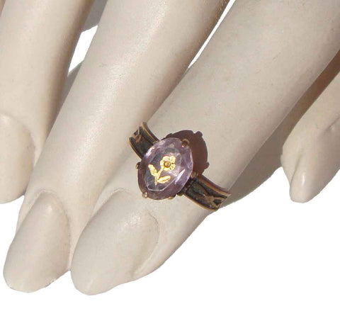 Victorian Gold & Amethyst Rose of Sharon Intaglio Ring Sz 4.75