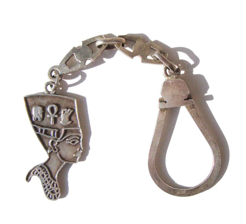 Vintage Nefertiti Silver Keychain Ancient Egyptian Hieroglyphs