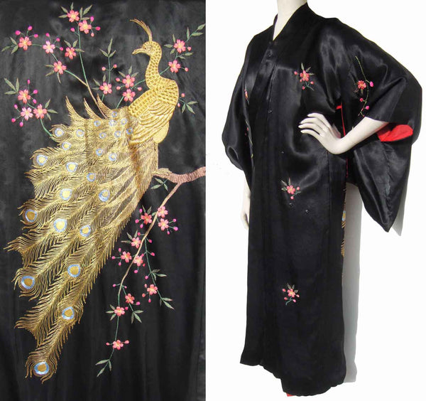 Vintage Black & Red Silk Kimono Gold Embroidered Peacock