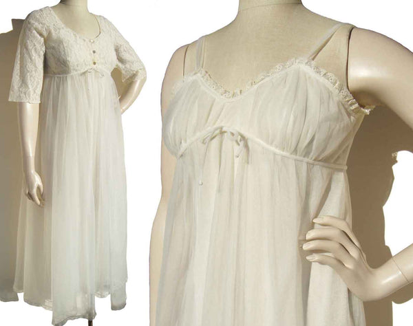 Vintage 60s Lisette Peignoir White Lace Babydoll Negligee & Robe Set S XS