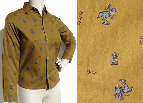 Vintage 50s Ladies Shirt Colonial Print Camel Cotton S - Penney's