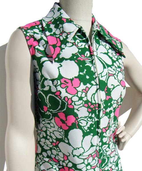 Vintage 70s Dress Mod Pink Green Floral Shift M