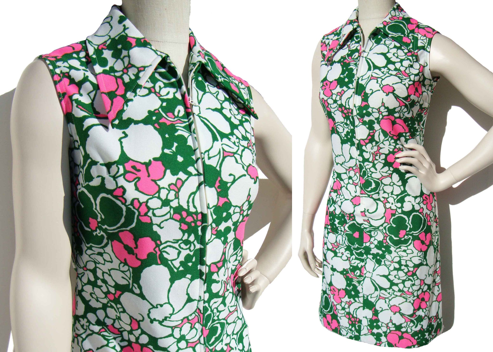 Vintage 70s Dress Mod Pink Green Floral Shift M
