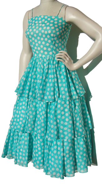 Vintage 80s Albert Nipon Turquoise Polka Dot Party Dress Sundress