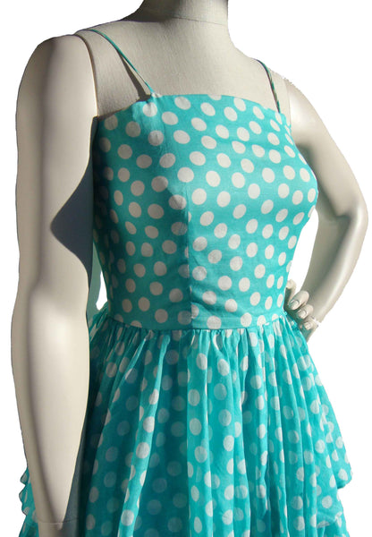 Close Up of Vintage 80s Albert Nipon Turquoise Polka Dot Party Dress Sundress
