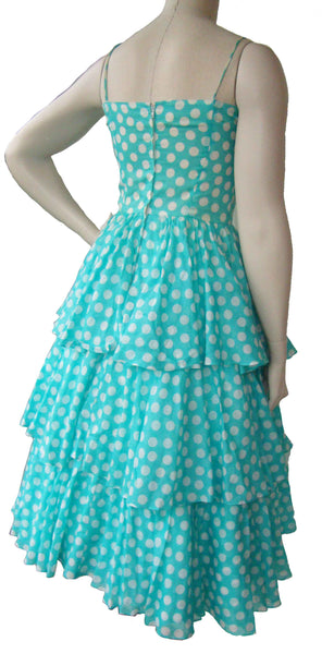 Back of Vintage 80s Albert Nipon Turquoise Polka Dot Party Dress Sundress