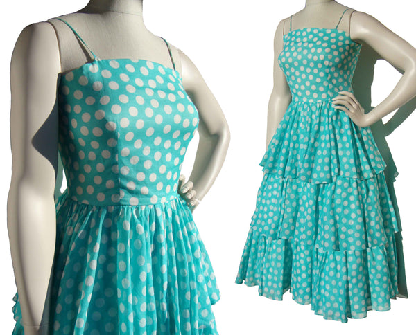 80s Albert Nipon Party Dress Turquoise & White Polka Dot & Ruffles Sundress