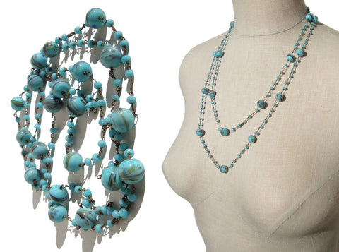 Antique Beaded Flapper Necklace Bohemian Turquoise Lampwork Beads