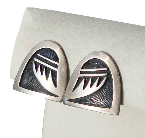 Vintage Hopi Silver Overlay Earrings Prayer Feathers - Dean Siwingyumptewa
