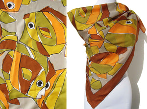 Vintage 70s Modernist Silk Scarf Abstract Fish Novelty Print