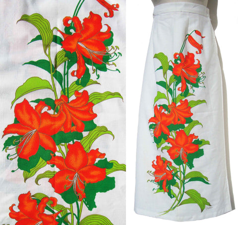 Vintage Shaheen Skirt Hawaiian Lily Flowers Midi Maxi L