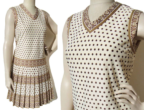 Vintage 60s Sleeveless Dress Polka Dots & Border Print M