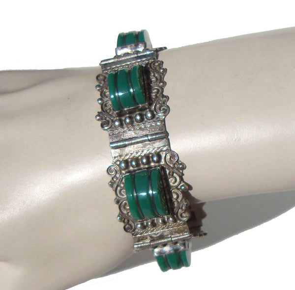 Vintage 50s Mexican Sterling & Green Onyx Bracelet