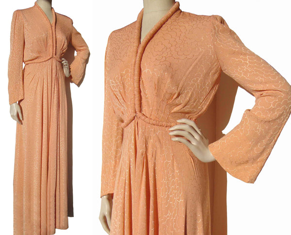 Vintage 30s Peach Damask Hostess Gown Lounging Robe
