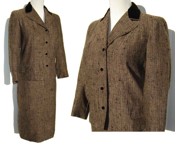 60s Vera Maxwell Suit Brown Wool Tweed Jacket & Skirt w/ Velvet Trim M