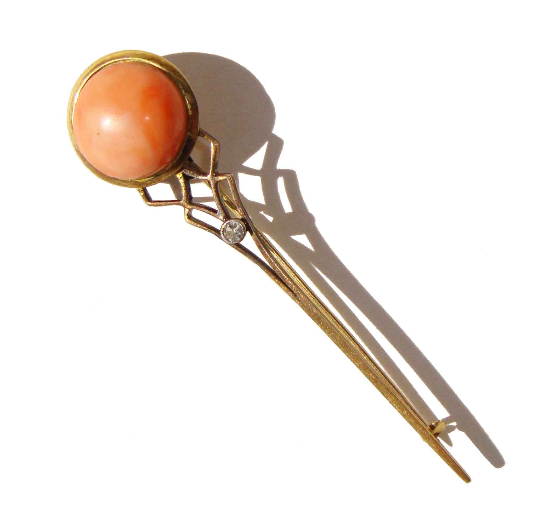 Victorian 14K Gold & Coral Brooch Antique Art Nouveau Pin