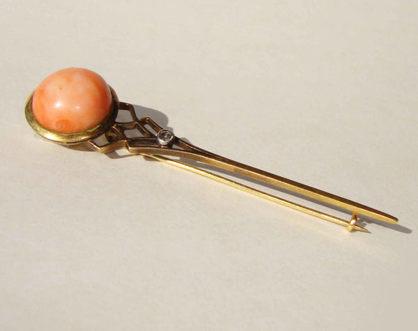 Antique 14K Coral Brooch Art Nouveau Pin