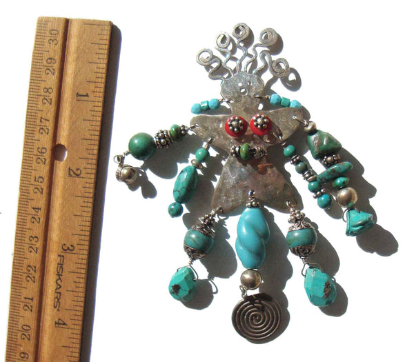 Big Artisan Made Sterling & Turquoise Lady Brooch