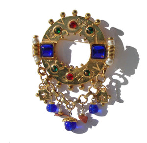 Vintage Etruscan Revival Brooch w/ Gems & Freshwater Pearls