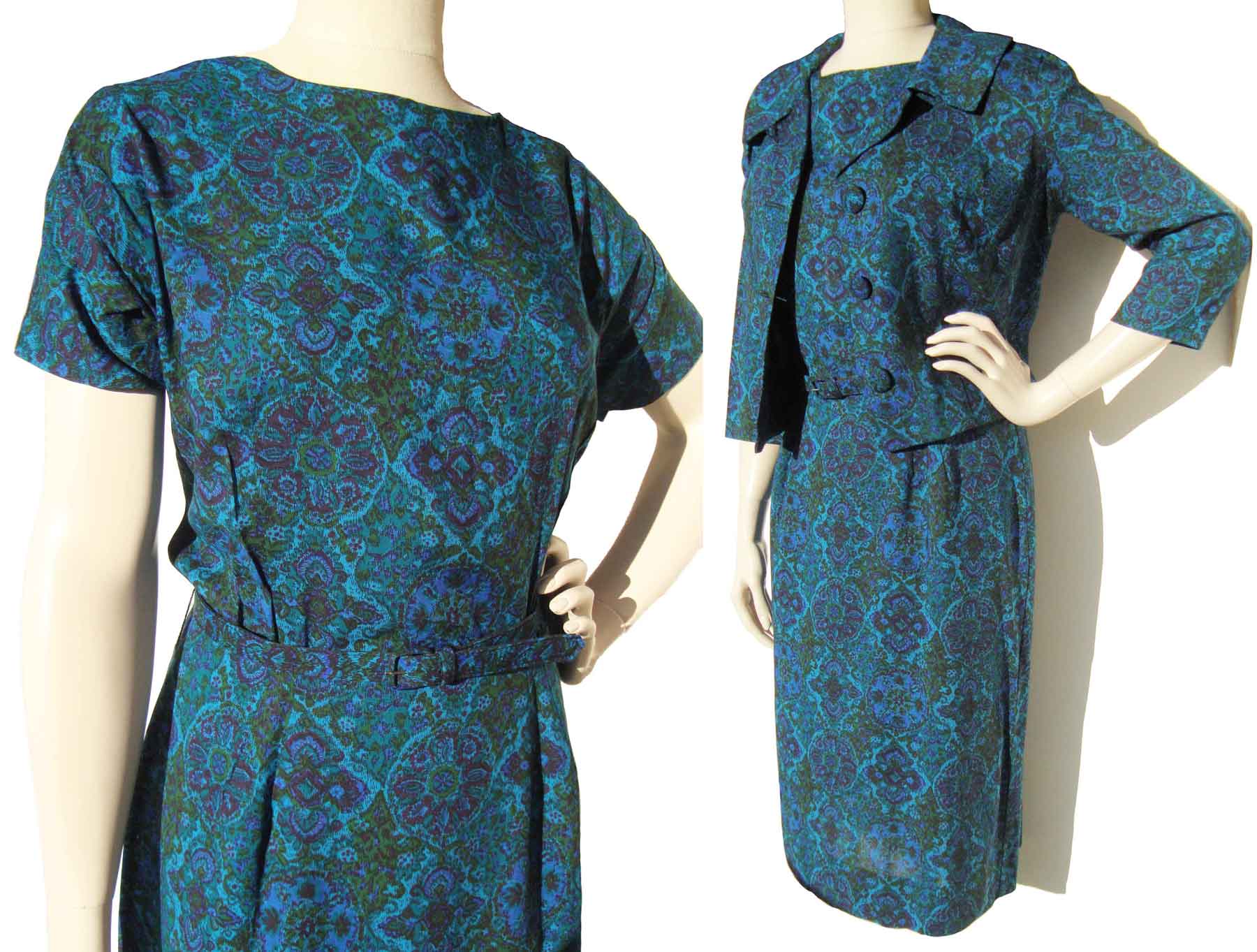 Vintage 60s Blue Floral Dress & Bolero Jacket Set M / L