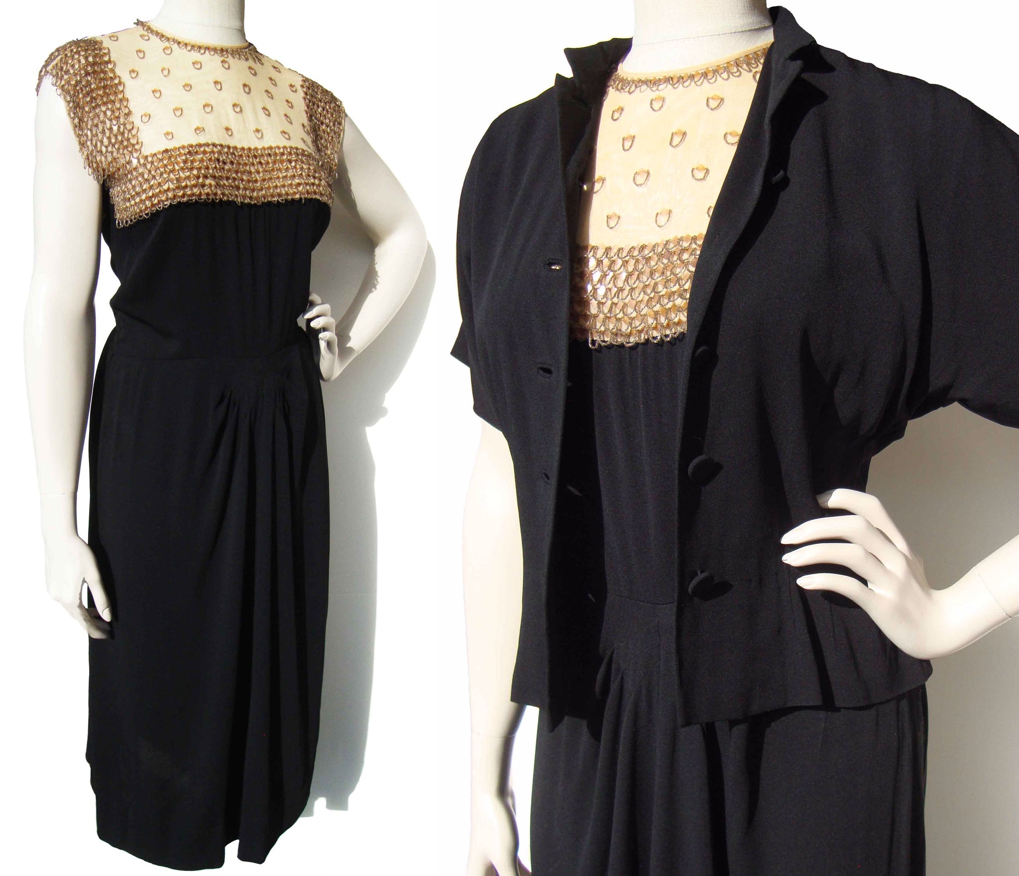 Vintage 40s Black Rayon Beaded Dress & Bolero Jacket Set S 