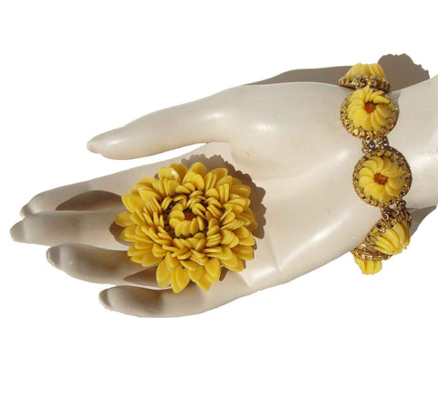 Vintage 50s Miriam Haskell Yellow Pate de Verre  Flower Brooch & Bracelet Set - Frank Hess