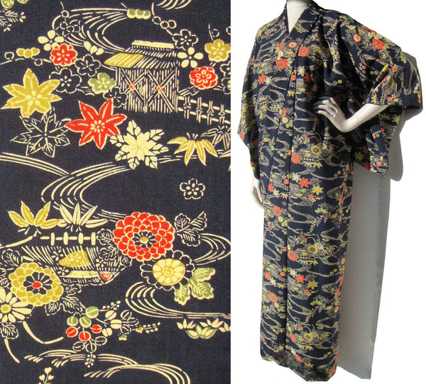 Vintage Silk Kimono Floral Stenciled Novelty Print