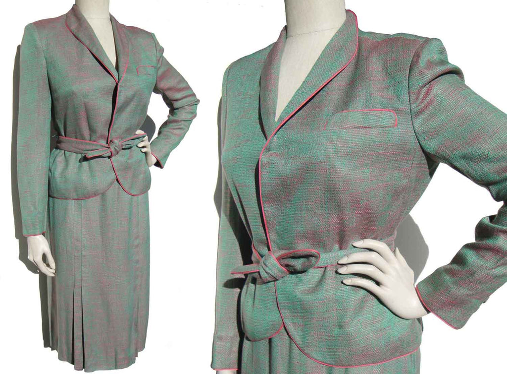 Vintage 70s Skirt Suit Green Shot Pink Deadstock w Tags M Loehmann s