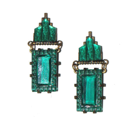Vintage 80s Earrings Art Deco Style Emerald Glass – GWS