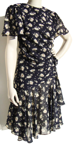 Vintage 80s Cocktail Dress Draped Asymmetrical Floral Chiffon
