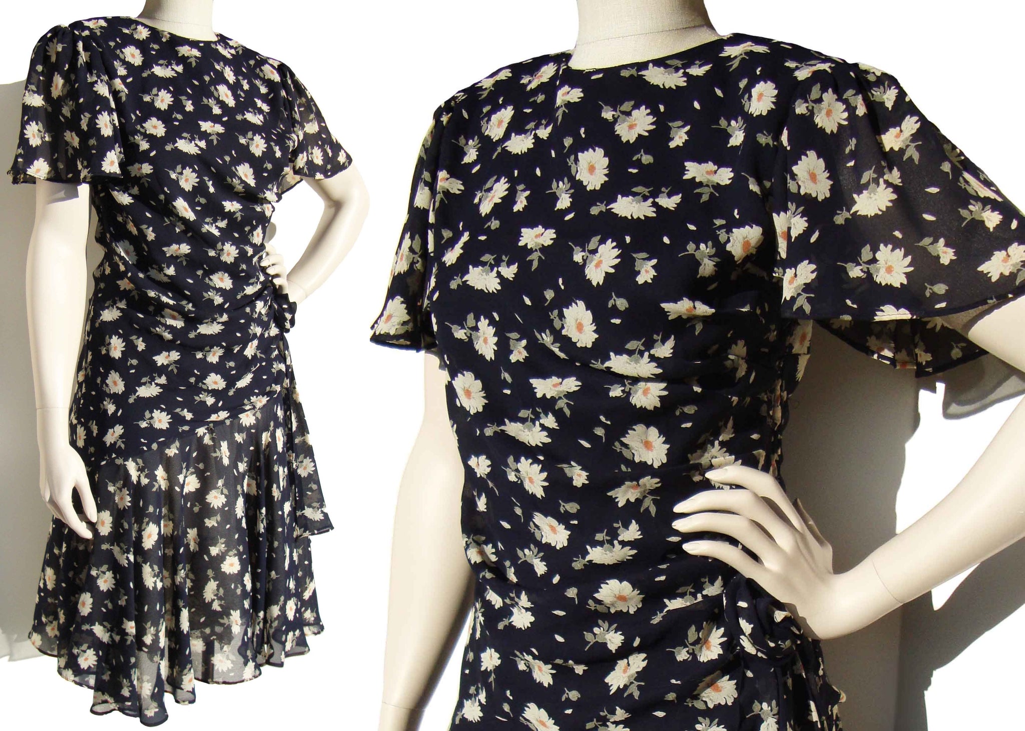80s Cocktail Dress Draped Asymmetrical Floral Chiffon Navy & White M