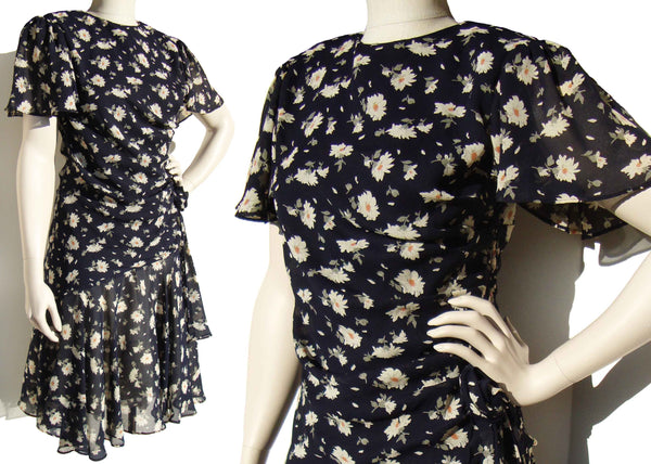 80s Cocktail Dress Draped Asymmetrical Floral Chiffon Navy & White M