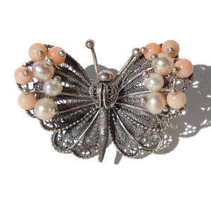 Vintage Butterfly Brooch Sterling Filigree Pearls & Pink Coral Pin